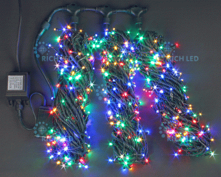 Светодиодная гирлянда 3 нити по 20 м, 24V, мульти, мерцающая, зеленый провод, RL-S3*20F-G/M