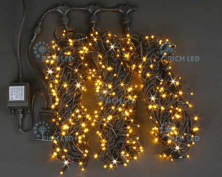 Светодиодная гирлянда 3 нити по 20 м, 24V, желтая, мерцающая, черный провод, RL-S3*20F-B/Y