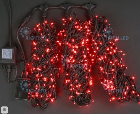 Светодиодная гирлянда 3 нити по 20 м, 24V, красная, черный провод, RL-T3*20N2-B/R