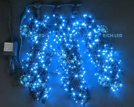 Светодиодная гирлянда 3 нити по 20 м, 24V, синяя, черный провод, RL-T3*20N2-B/B
