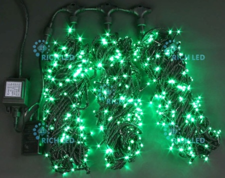 Светодиодная гирлянда 3 нити по 20 м, 24V, зеленая, черный провод, RL-T3*20N2-B/G