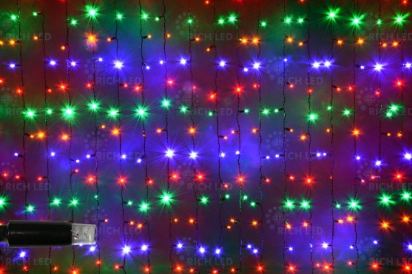 Светодиодный занавес 2*9 м, мульти, постоянного свечения, черный провод