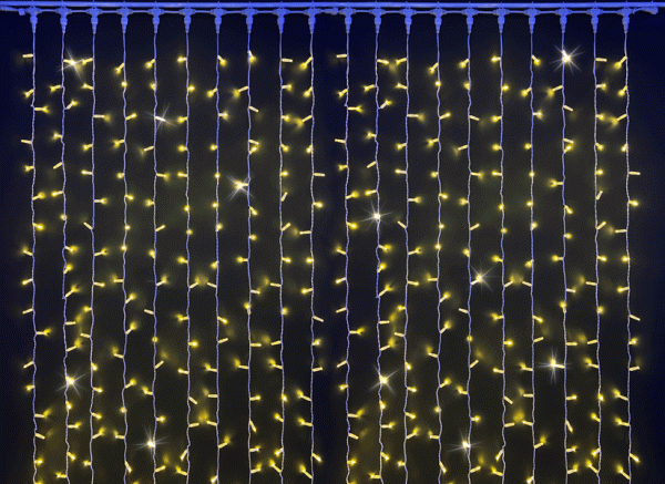 Светодиодный занавес 2*6 м, теплый белый, мерцающий, белый провод, с колпачком