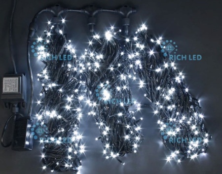 Светодиодная гирлянда 3 нити по 20 м, 24V, белая, черный провод, RL-T3*20N2-B/W