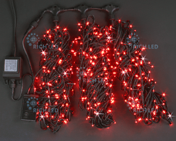 Светодиодная гирлянда 3 нити по 20 м, 24V, красная, мерцающая, черный провод, RL-S3*20F-B/R Светодиодная гирлянда 3 нити по 20 м, 24V, красная, мерцающая, черный провод, RL-S3*20F-B/R