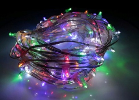 Светодиодная гирлянда "Клип-лайт" 12V, 100 м, мульти, прозрачный провод, ФЛЭШ, с КОЛПАЧКОМ